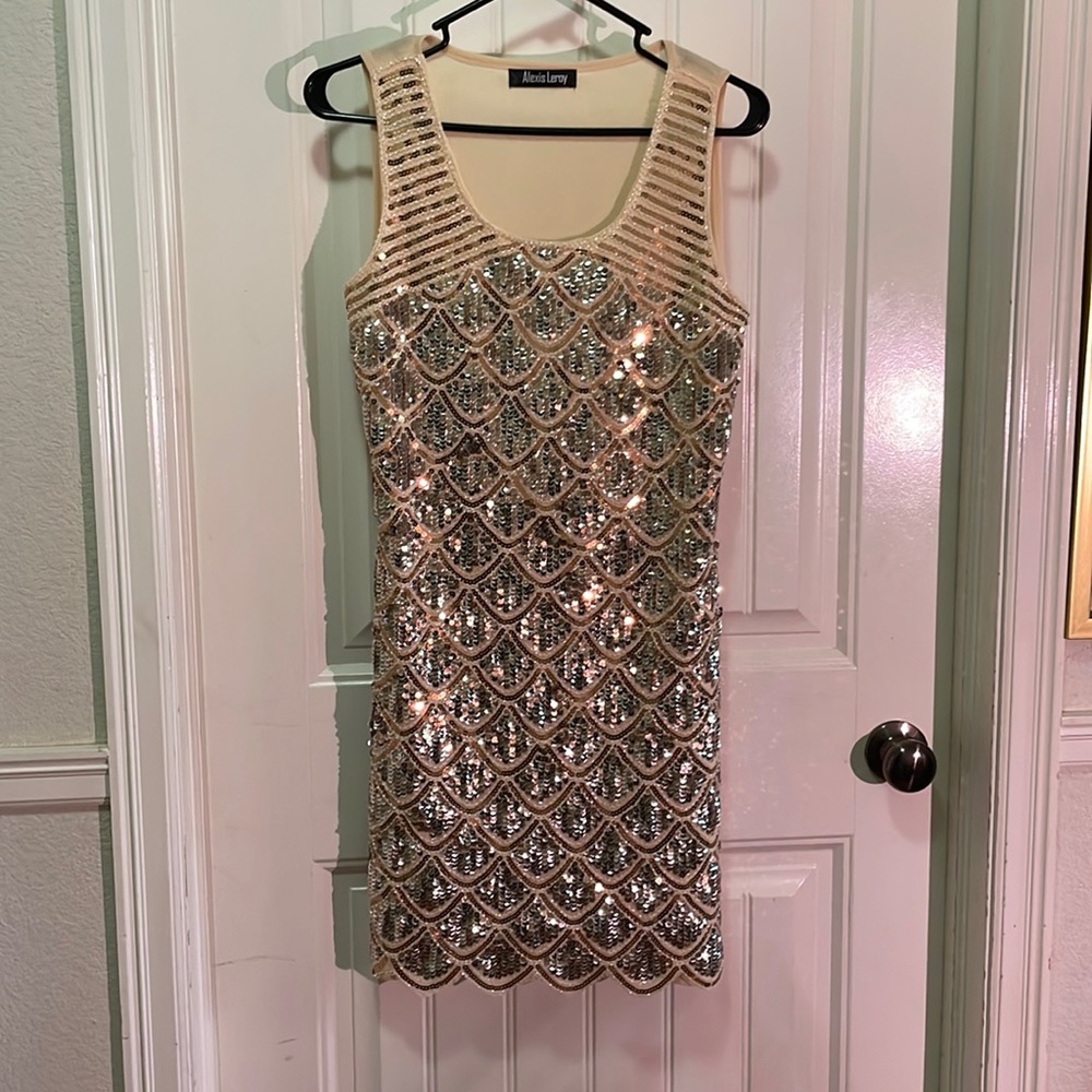 Adrianna Papell Cream and Silver Sequin Mini Dress